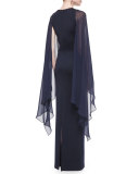 Beaded Cape-Sleeve Column Gown