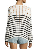 Striped Slit Crewneck Pullover Sweater, White/Blue