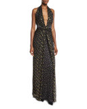 Evelina Metallic Floral-Print Maxi Halter Dress