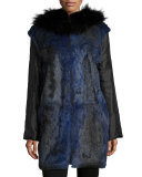 Hooded Fur-Trim Coat w/ Removable Fur Lining, Black/Blue