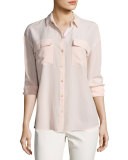 Pasha Long-Sleeve Button-Front Silk Blouse, Light Pink