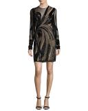 Long-Sleeve Sequined Illusion Cocktail Dress, Black