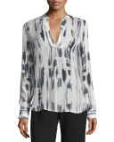 Cascade-Print Split-Neck Silk Top