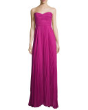 Sweetheart-Neck Plisse Gown, Hot Magenta