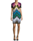 Short-Sleeve V-Neck Sheath Dress, Black/Multi