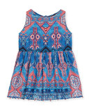 Sleeveless Multipattern Cotton Dress, Blue/Pink, Size 4-6