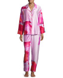 Abstract-Print Satin Pajama Set, Bright Lilac Multi