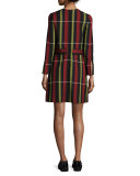 Birdseye-Stripe Belted Long-Sleeve Dress, Black/Multi