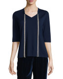 Chain-Trimmed Half-Sleeve Wool Sweater, Galaxy Blue