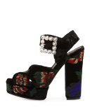 Anjelica Floral-Beaded Velvet 130mm Sandal, Black/Multi