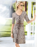 Leopard Fit-and-Flare Dress W/Belt, Beige Combo