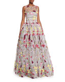 Beaded Tulle Illusion Gown w/Floral Appliques, Pink/Fuchsia/Multi 
