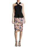 Crepe & Lace Twist-Front Top, Black