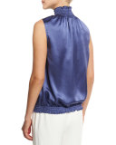 Marlana Sleeveless Silk Blouse w/ Smocked Neckline & Hem, Blue