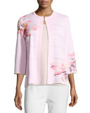 3/4-Sleeve Floral-Print Open Jacket, Pink