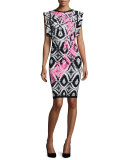 Flutter-Sleeve Brushstroke Ikat Bandage Dress