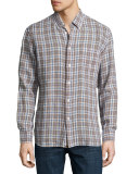 Tuscumbia Plaid Linen Shirt, Blue/Brown