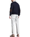 Fine-Gauge Knit Elbow-Patch Sweater, Navy
