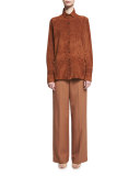 Long-Sleeve Suede Button-Front Shirt, Dark Orange