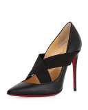 Sharpstagram Cross-Strap Patent Red Sole Pump, Black