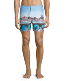 Bulldog Swimming Around Printed Swim Trunks, Multi