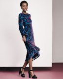 Long-Sleeve Velvet Midi Dress, Purple/Teal