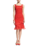 Sleeveless Banded-Lace Dress, Vermillion