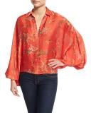 Nicolette Blooming Batwing-Sleeve Blouse, Red