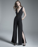 Sleeveless V-Neck Belted Jumpsuit, Black