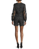 Daisy Dot Floral-Lace Romper, Black