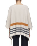 3/4-Sleeve Blanket Striped Poncho, Beige