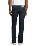 Dark-Wash Straight-Leg Stretch-Denim Jeans with Red Stitching, Blue