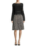 Bell-Sleeve Boxy Patterned Lace Top, Black