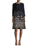 Floral-Embroidered 3/4-Sleeve Coat, Navy/Gold