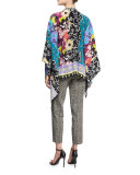 Patchwork Graffiti-Print Button-Front Poncho Blouse, Black/Purple