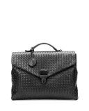 Men's Small Woven Leather Briefcase, Black 