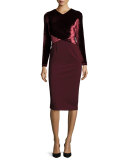 Long Sleeve Faux-Wrap Velvet Jersey Sheath Dress, Claret 