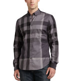 Fred Large-Check Sport Shirt, Charcoal