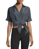 Short-Sleeve Windowpane Wrap Blouse, Black/White