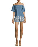 Marisa Embroidered Denim Shorts, Indigo/White