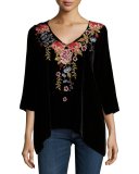 Amber 3/4-Sleeve Embroidered Velvet Tunic, Plus Size