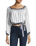 Cannes Off-the-Shoulder Belted Crop Top, Blue/White