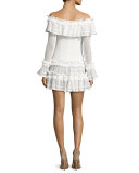 Crocheted Ruffle Off-the-Shoulder Mini Dress, White