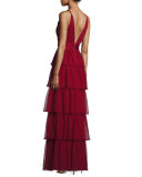Sleeveless Tiered Silk Chiffon Gown, Bordeaux
