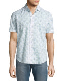 Floral-Print Short-Sleeve Sport Shirt, White/Navy