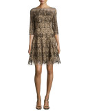 3/4-Sleeve Embroidered Fit-and-Flare Dress, Gold