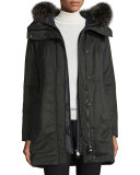 Hooded Ponte-Trim Parka, Nero