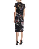 Short-Sleeve Floral Embroidered Sheath Dress, Black