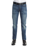 Straight-Fit High-Low Selvedge Denim Jeans, Indigo