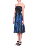Strapless Midi Dress w/ Inverted Seams, Blue/Bright Black